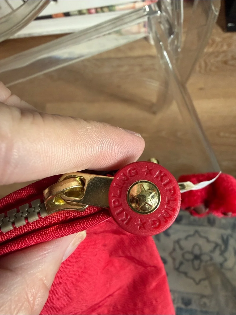 Kipling Red and Gold Floral Wristlet Clutch with Black Calligraphy